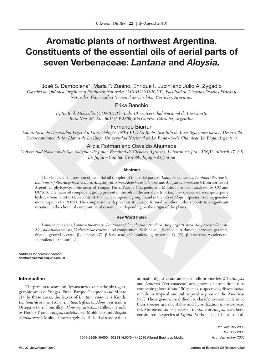 Pdf Aromatic Plants Of Northwest Argentina Constituents Of The Essential Oils Of Aerial Parts Of Seven Verbenaceae Lantana And Aloysia