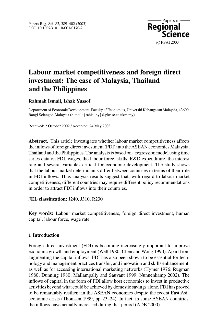 Pdf Labour Market Competitiveness And Foreign Direct Investment The Case Of Malaysia Thailand And The Philippines