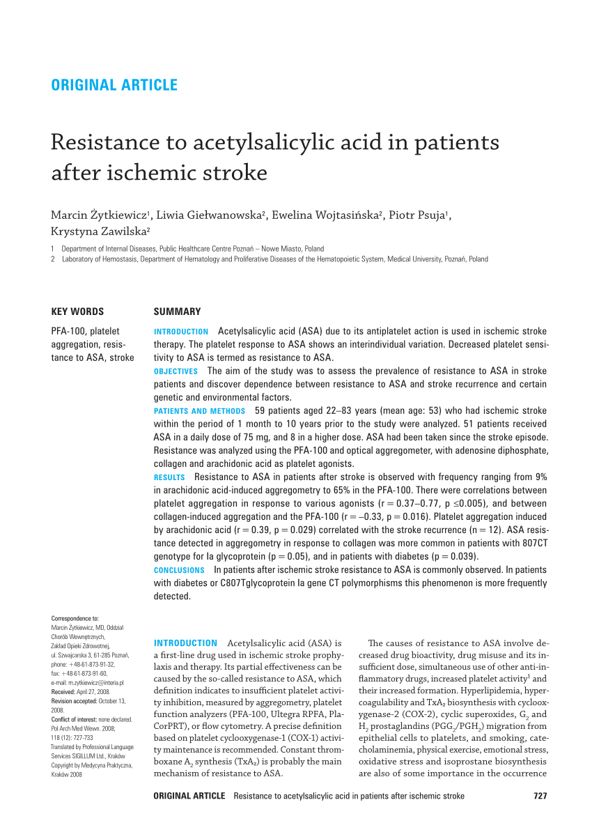 Pdf Resistance To Acetylsalicylic Acid In Patients After Ischemic Stroke