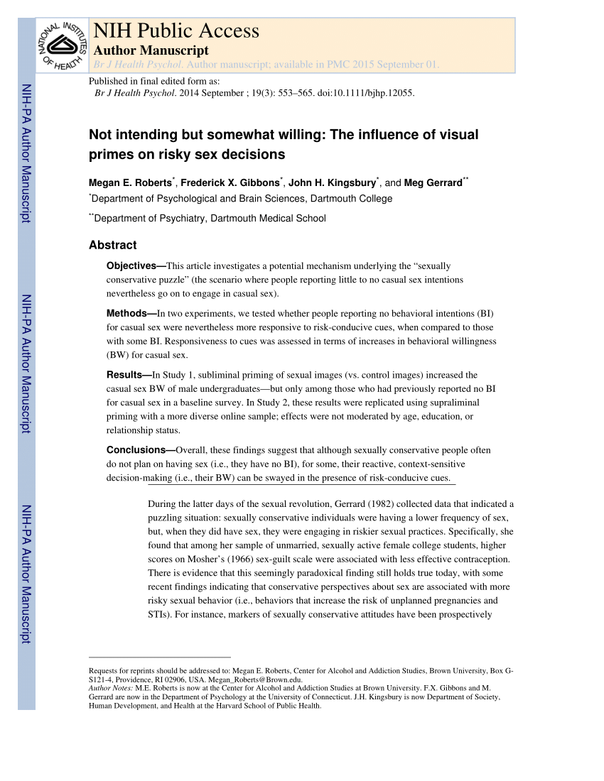 Pdf Not Intending But Somewhat Willing The Influence Of Visual Primes On Risky Sex Decisions 7956