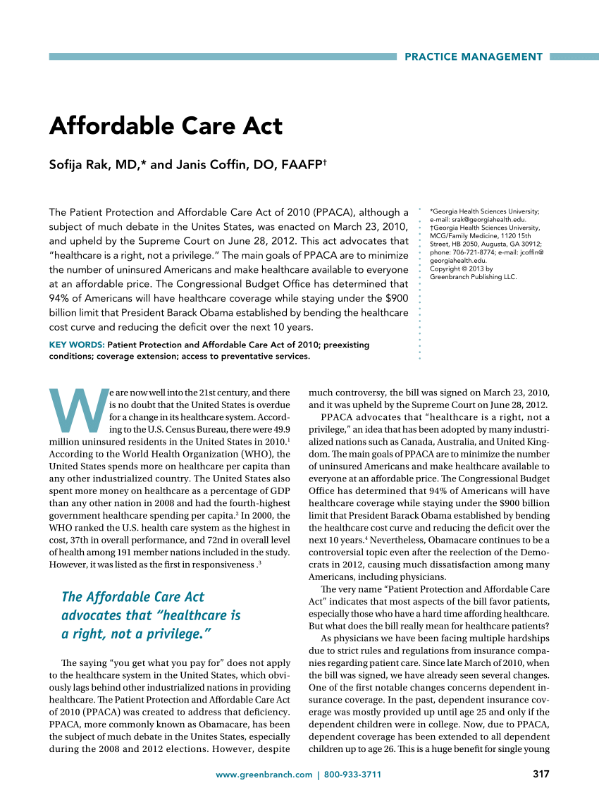 Pdf Affordable Care Act