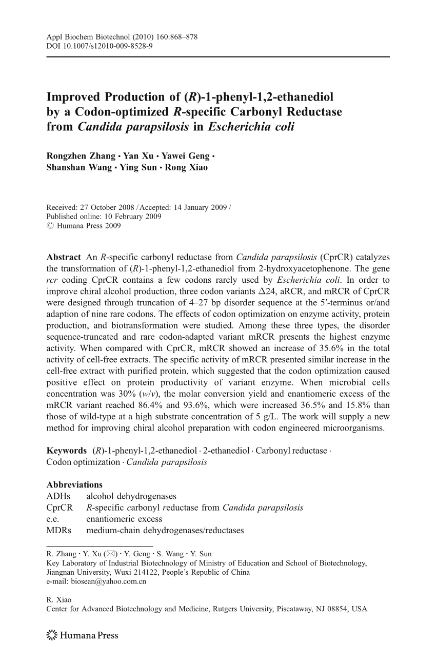 Pdf Improved Production Of R 1 Phenyl 1 2 Ethanediol By A Codon Optimized R Specific Carbonyl Reductase From Candida Parapsilosis In Escherichia Coli