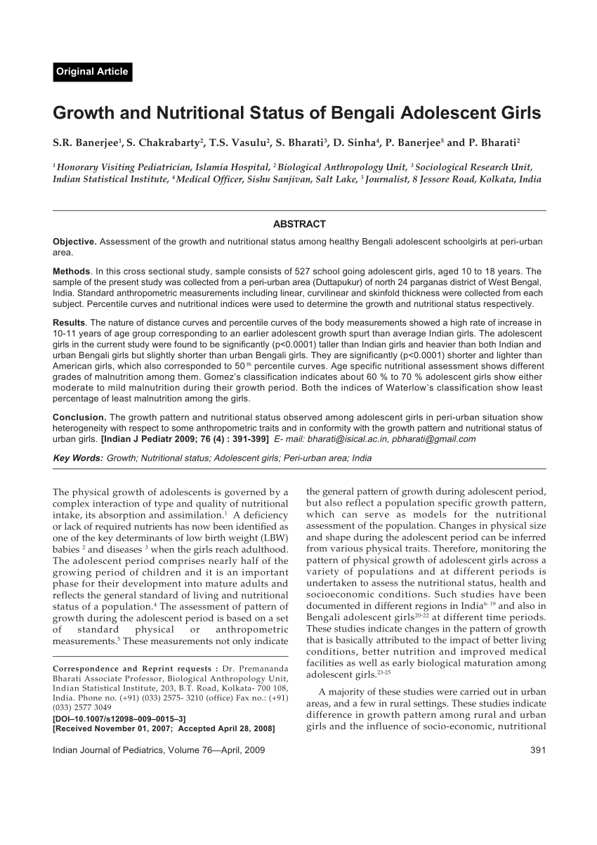 PDF Growth and nutritional status of Bengali adolescent girls