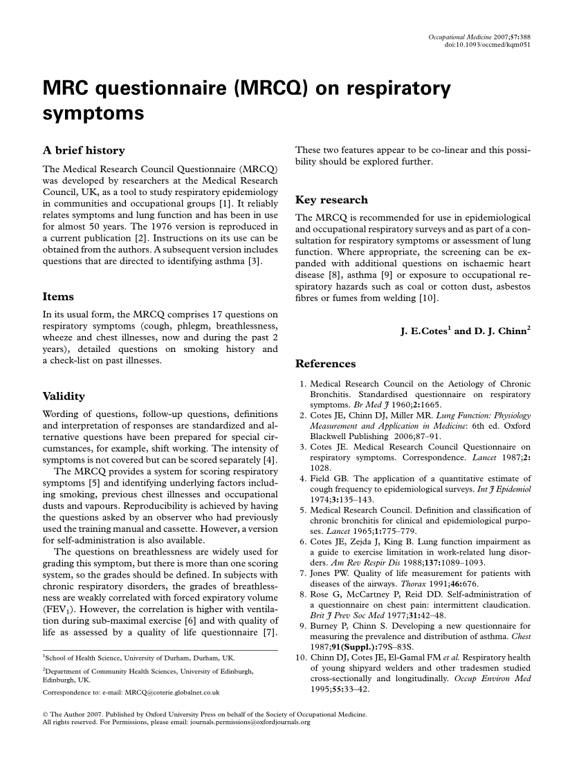 medical research council questionnaire on respiratory symptoms