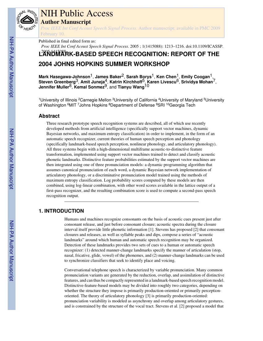 Pdf Landmark Based Speech Recognition Report Of The 2004 Johns Hopkins Summer Workshop 