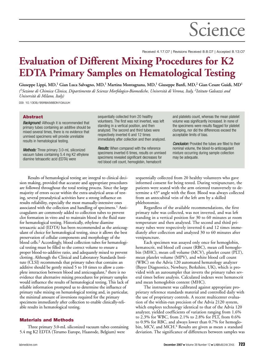 Pdf Evaluation Of Different Mixing Procedures For K2 Edta Primary Samples On Hematological Testing