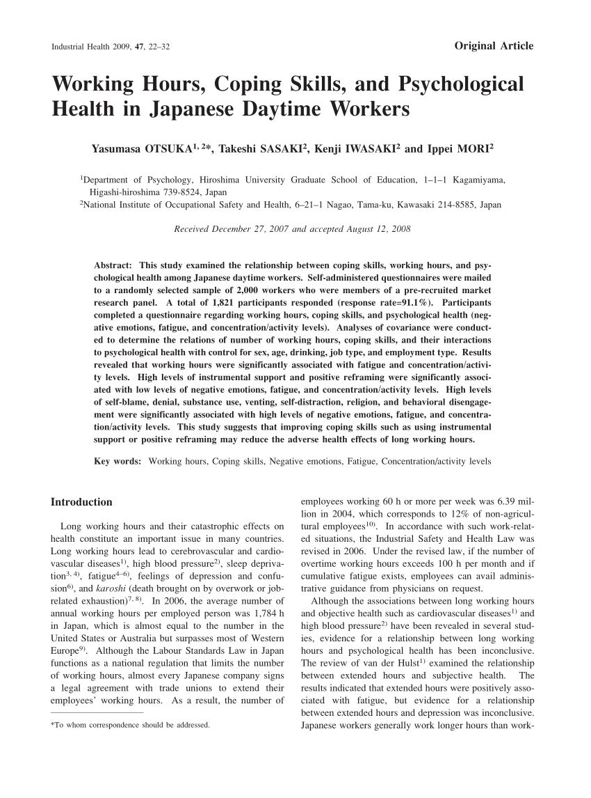 Pdf) Working Hours, Coping Skills, And Psychological Health In Japanese Daytime Workers
