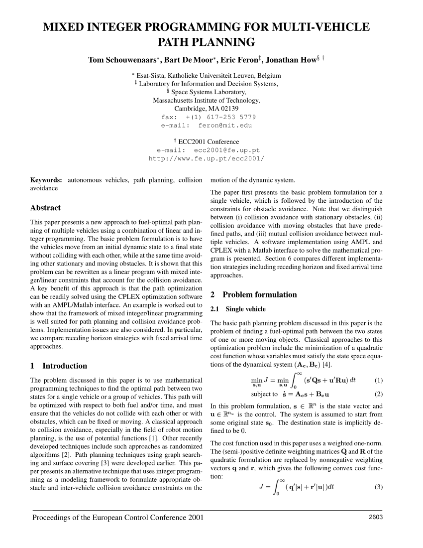 Pdf Mixed Integer Programming For Multi Vehicle Path Planning - 