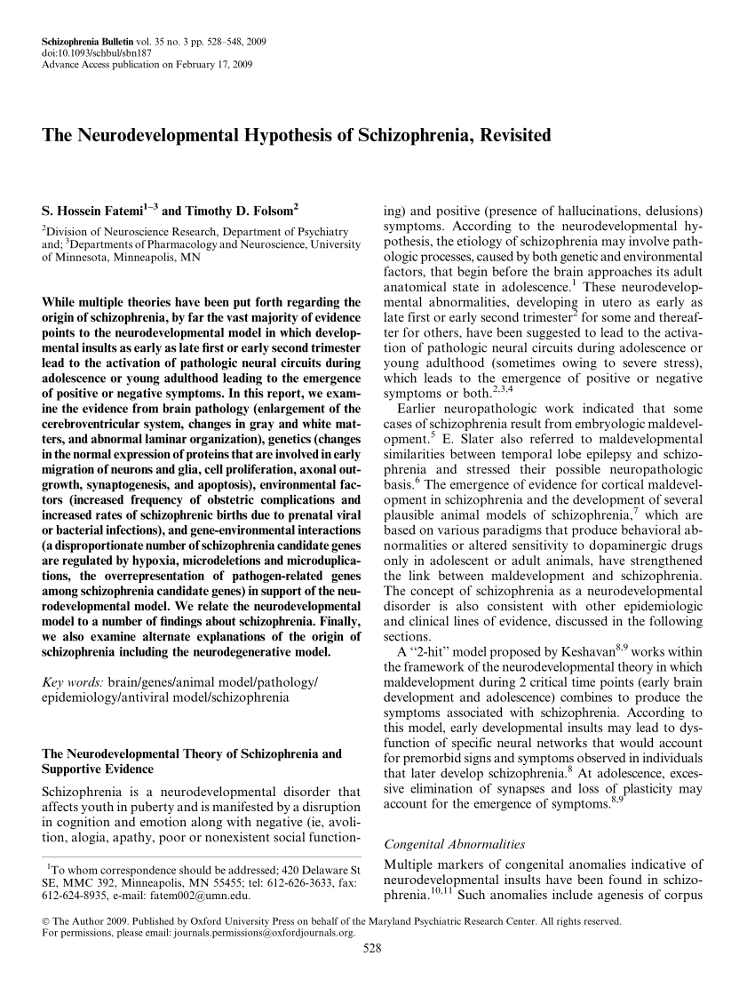 developmental hypothesis schizophrenia