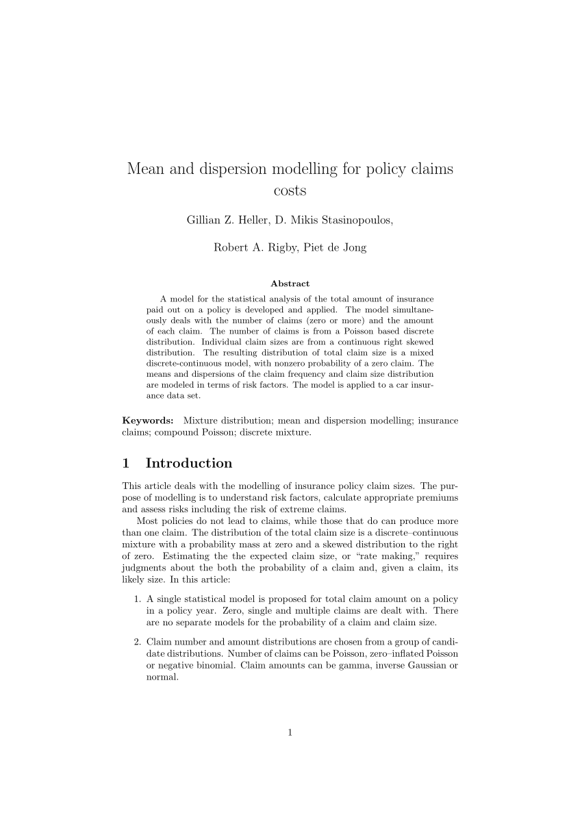 Pdf Mean And Dispersion Modelling For Policy Claims Costs