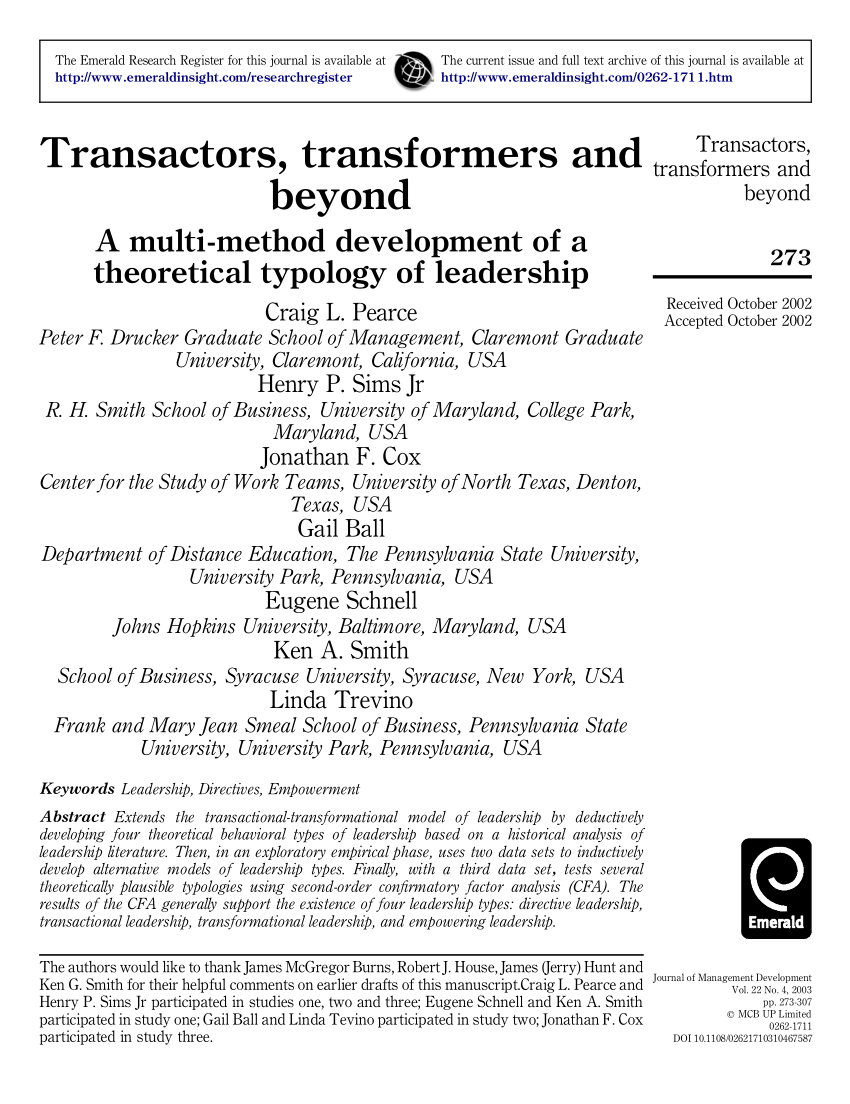 Pdf Transactors Transformers And Beyond A Multi Method Development Of A Theoretical Typology Of Leadership