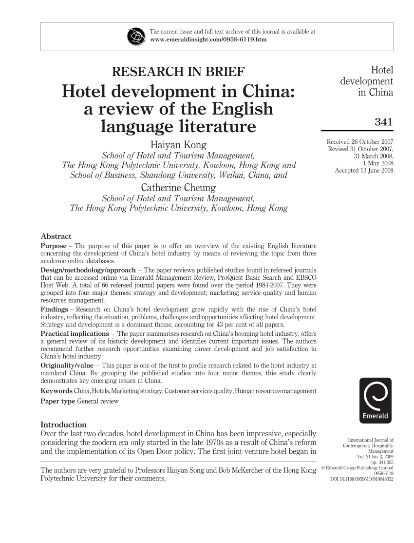 Pdf Hotel Development In China A Review Of The English - 
