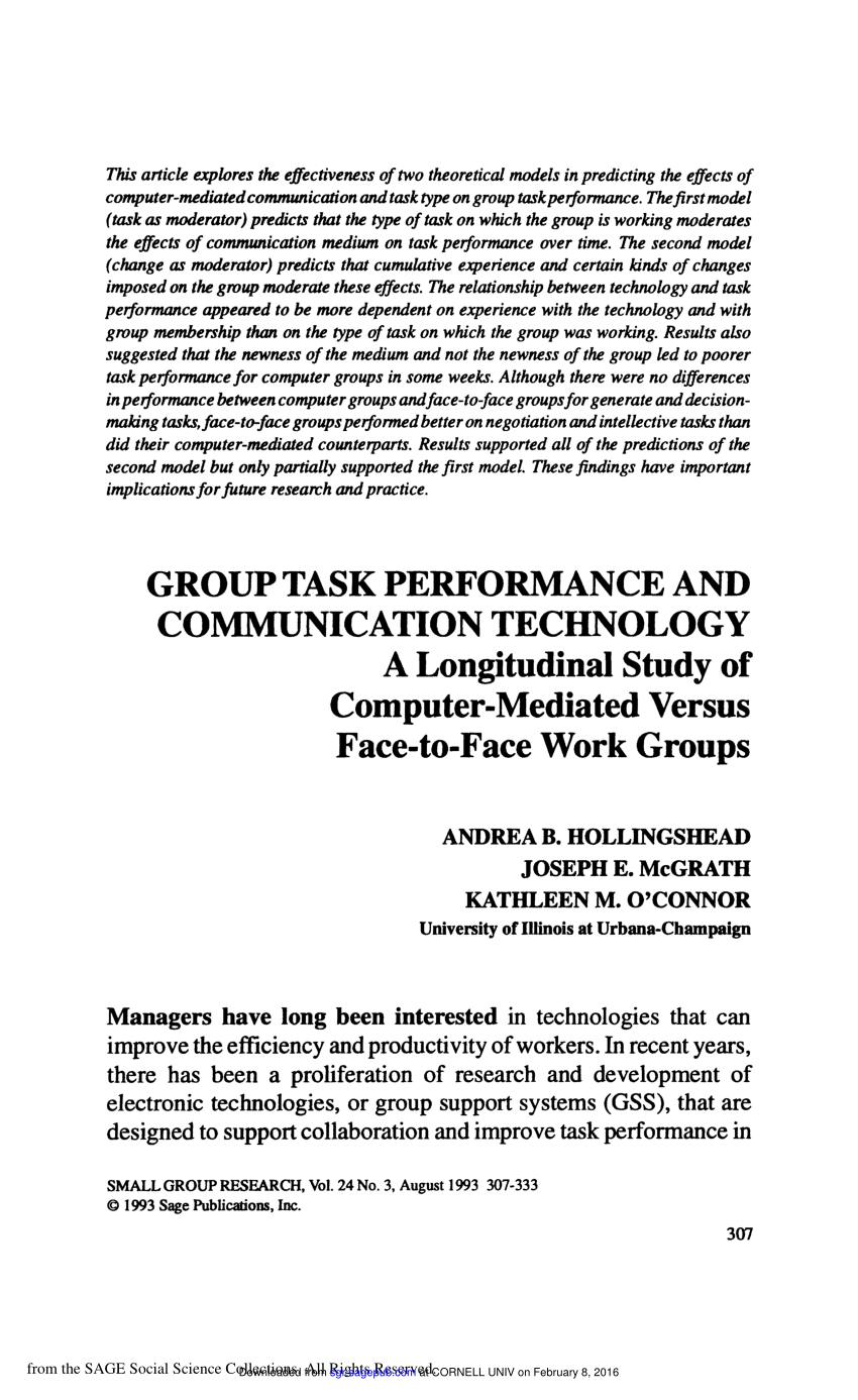 Pdf Group Task Performance And Communication Technology A Longitudinal Study Of Computer Mediated Versus Face To Face Work Groups
