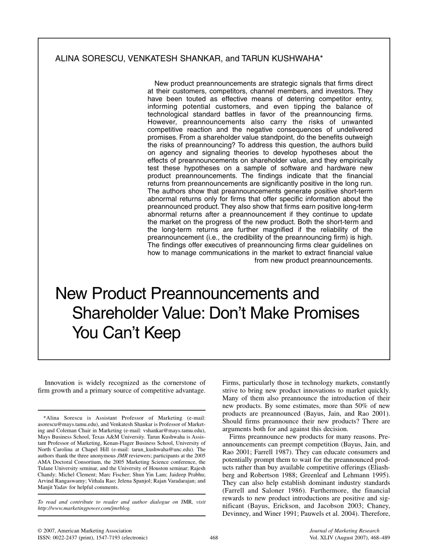 PDF) New Product Preannouncements and Shareholder Value: Don't