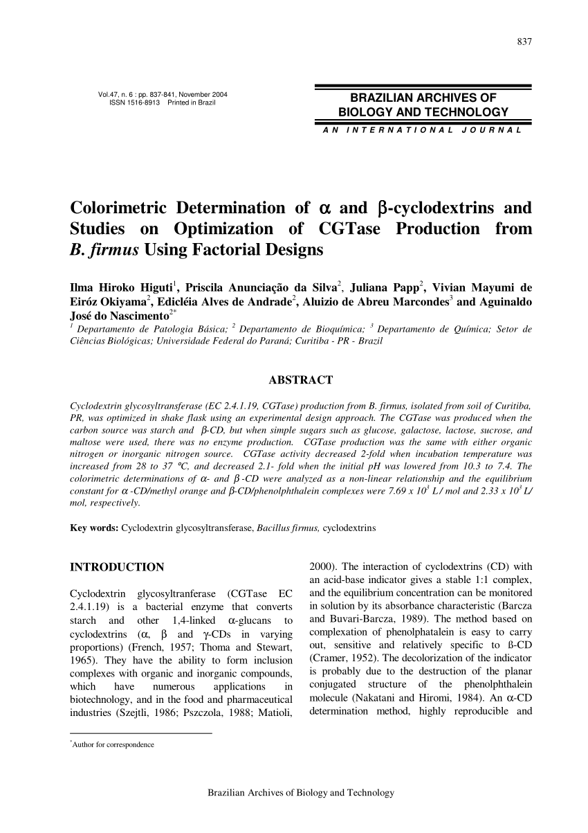 Pdf Colorimetric Determination Of And Cyclodextrins And Studies On Optimization Of Cgtase Production From B Firmus Using Factorial Designs