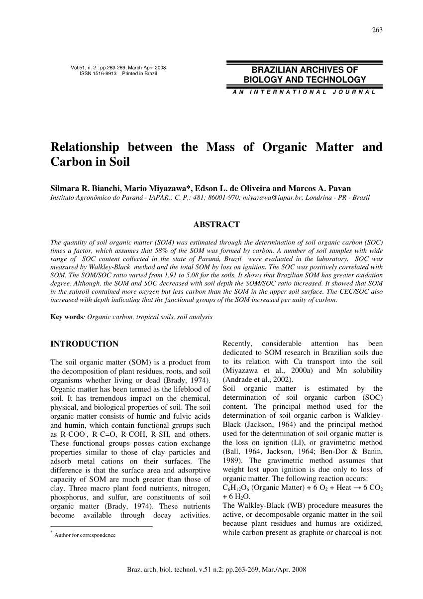 Pdf Relationship Between The Mass Of Organic Matter And Carbon In Soil