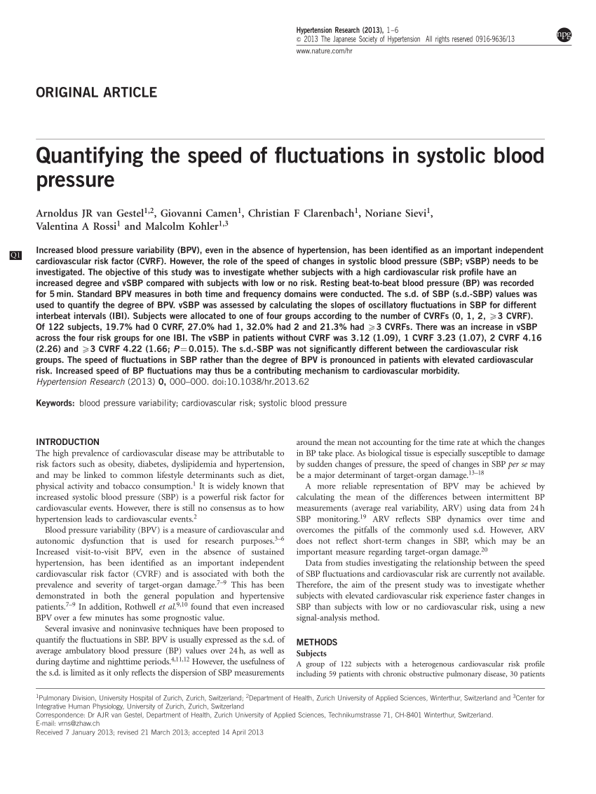 Pdf Quantifying The Speed Of Fluctuations In Systolic Blood Pressure