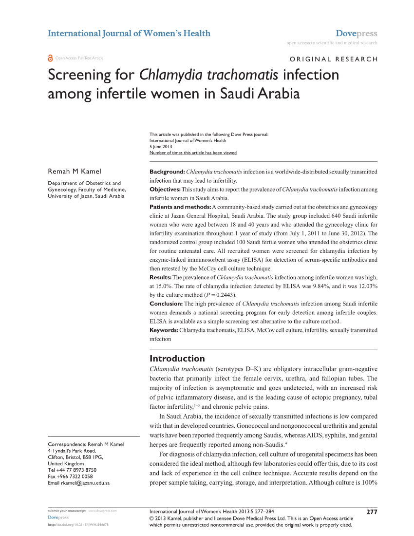 Pdf Screening For Chlamydia Trachomatis Infection Among Infertile Women In Saudi Arabia 9450