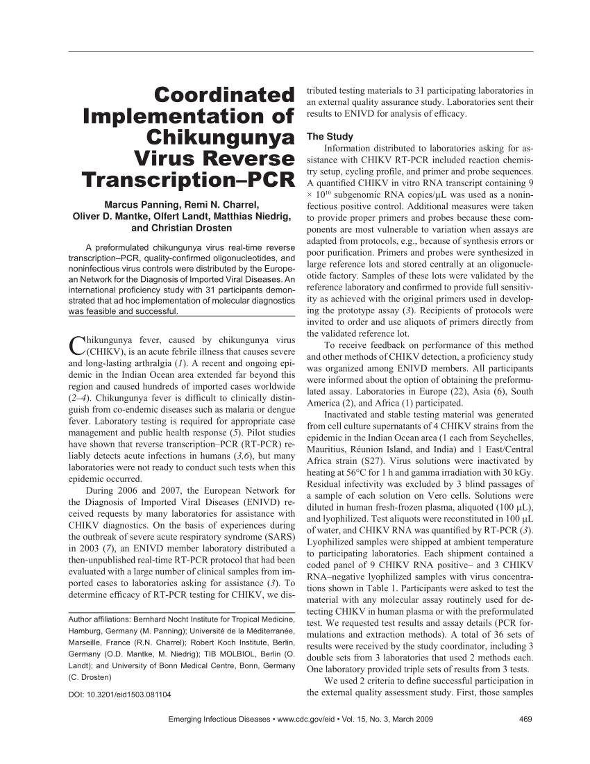 Pdf Coordinated Implementation Of Chikungunya Virus Reverse Transcription Pcr