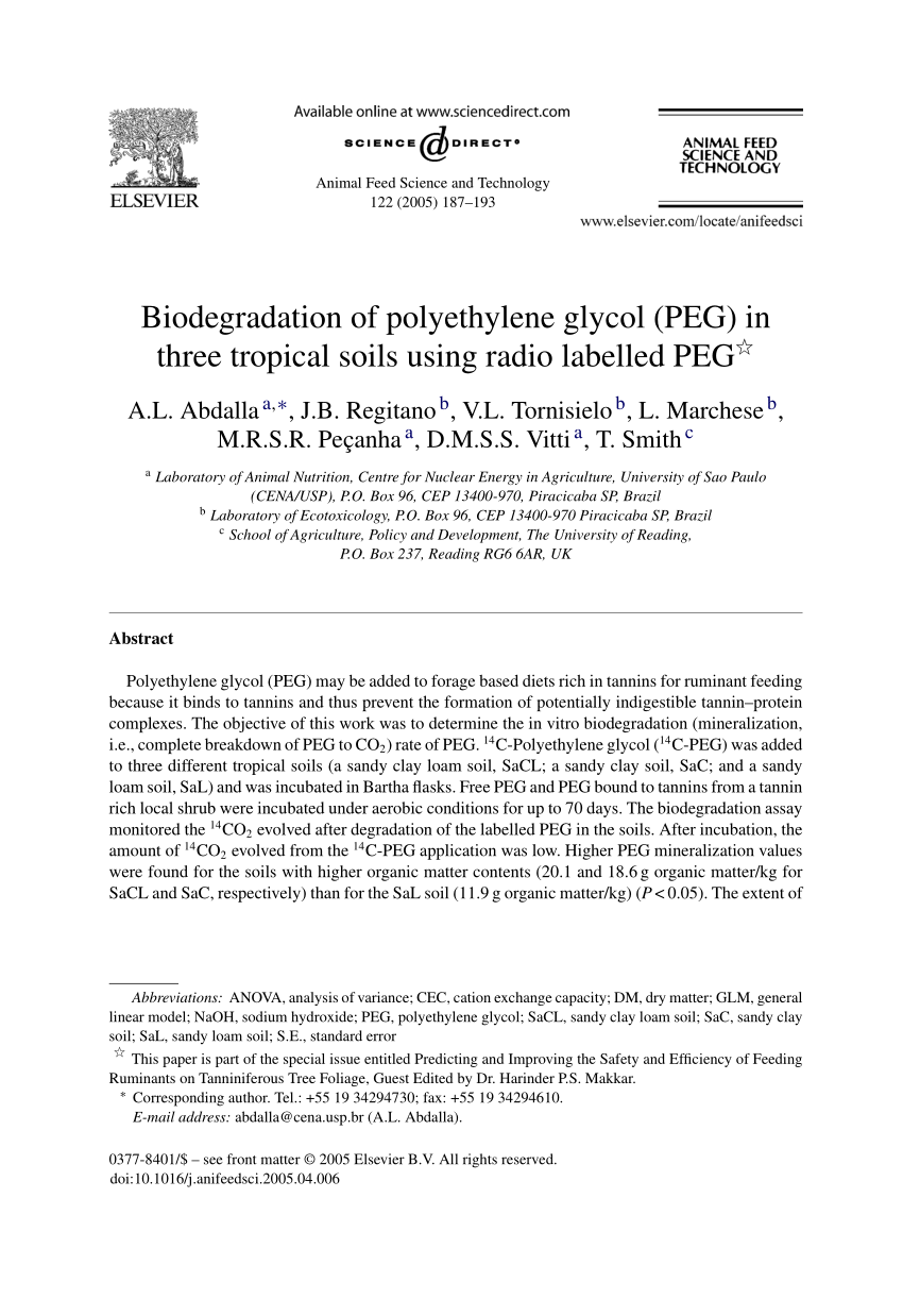 Pdf Biodegradation Of Polyethylene Glycol Peg In Three Tropical Soils Using Radio Labelled Peg