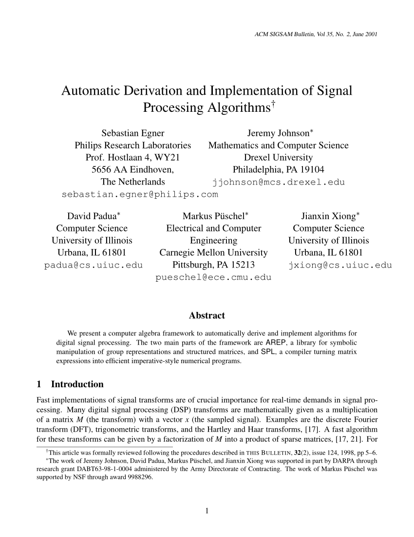 (PDF) Automatic Derivation and Implementation of Signal Processing