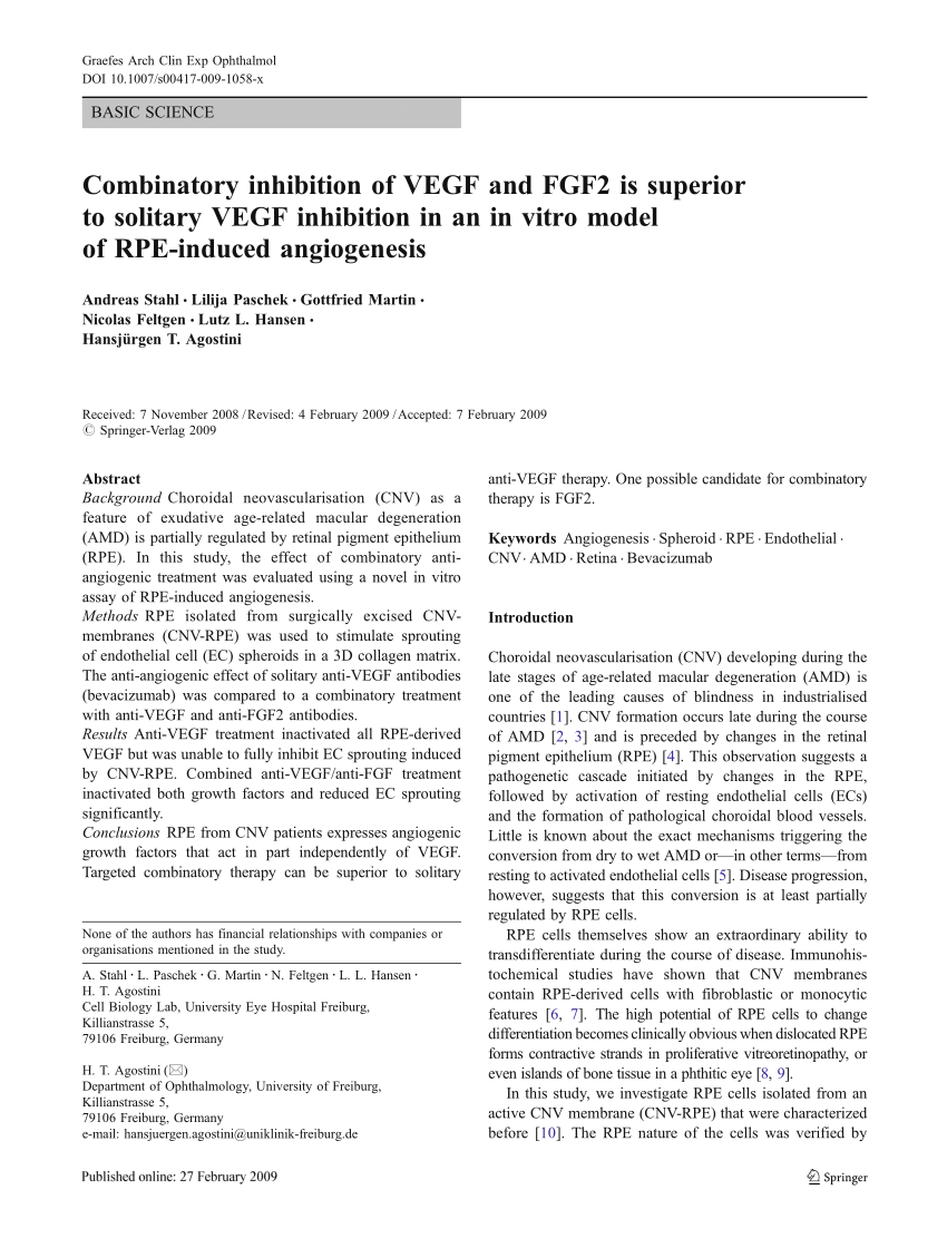 Pdf Combinatory Inhibition Of Vegf And Fgf2 Is Superior To Solitary Vegf Inhibition In An In Vitro Model Of Rpe Induced Angiogenesis