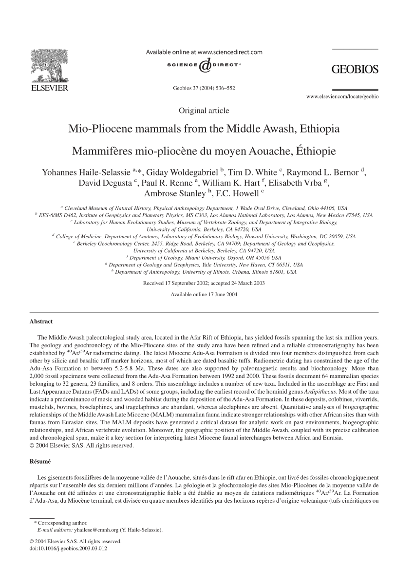 Pdf Mio Pliocene Mammals From The Middle Awash Ethiopia