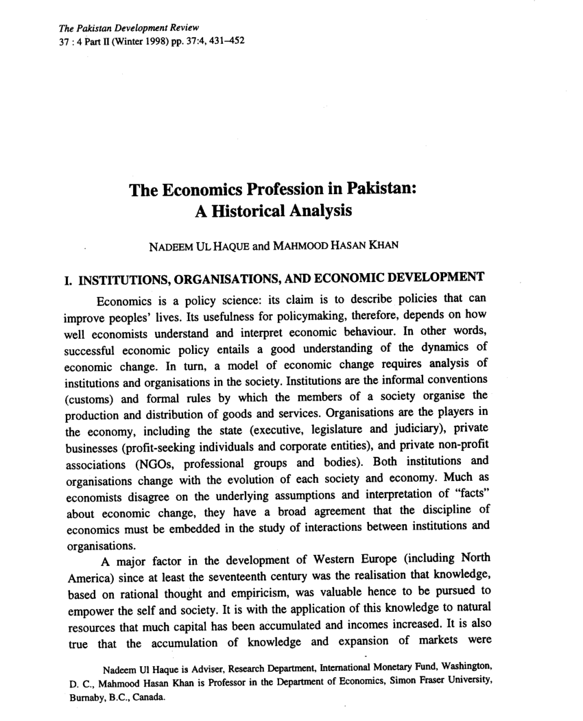 research papers of economics in pakistan