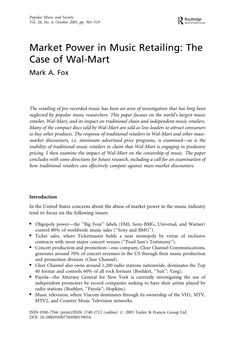 Pdf Market Power In Music Retailing The Case Of Wal Mart