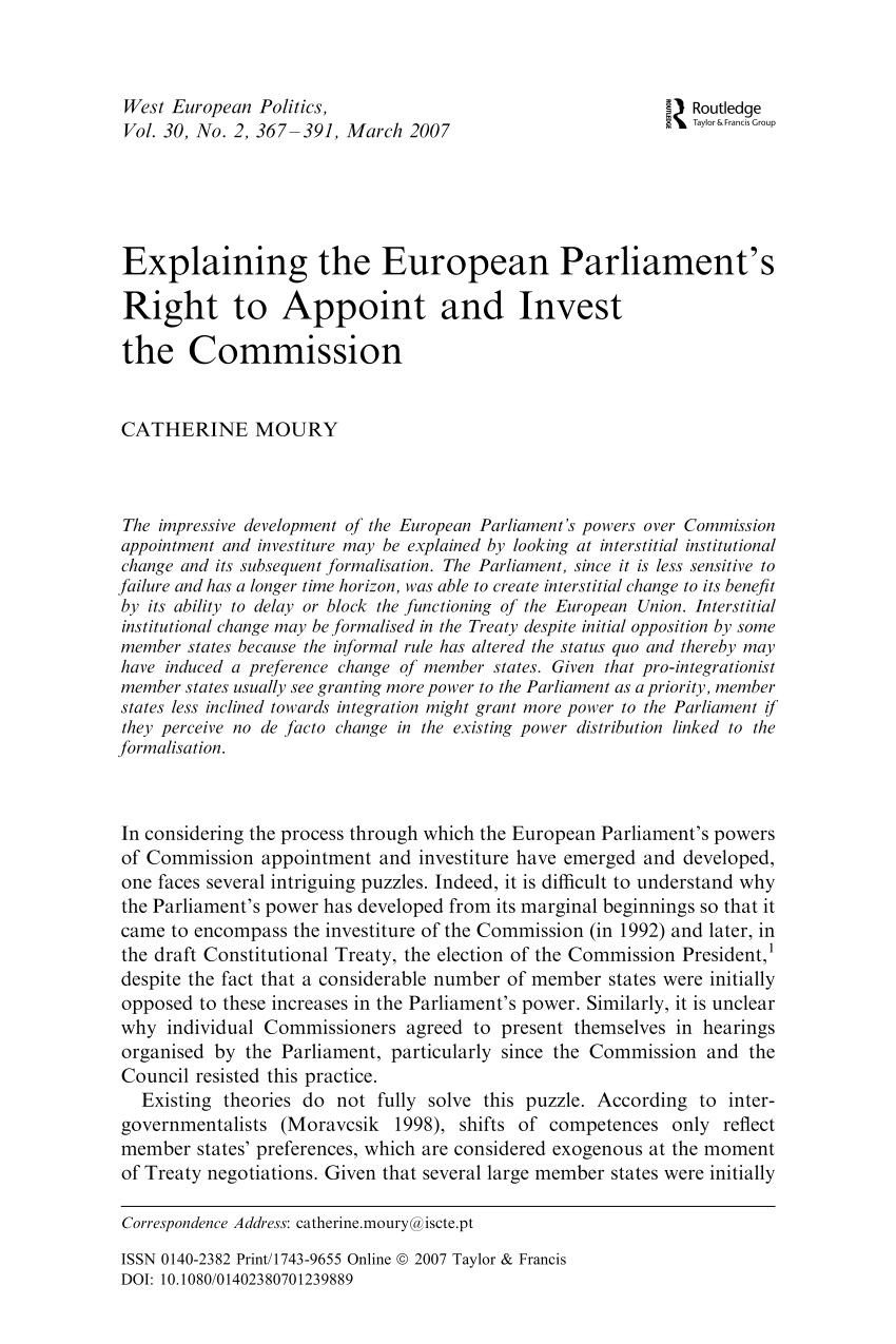 Pdf Explaining The European Parliament S Right To Appoint
