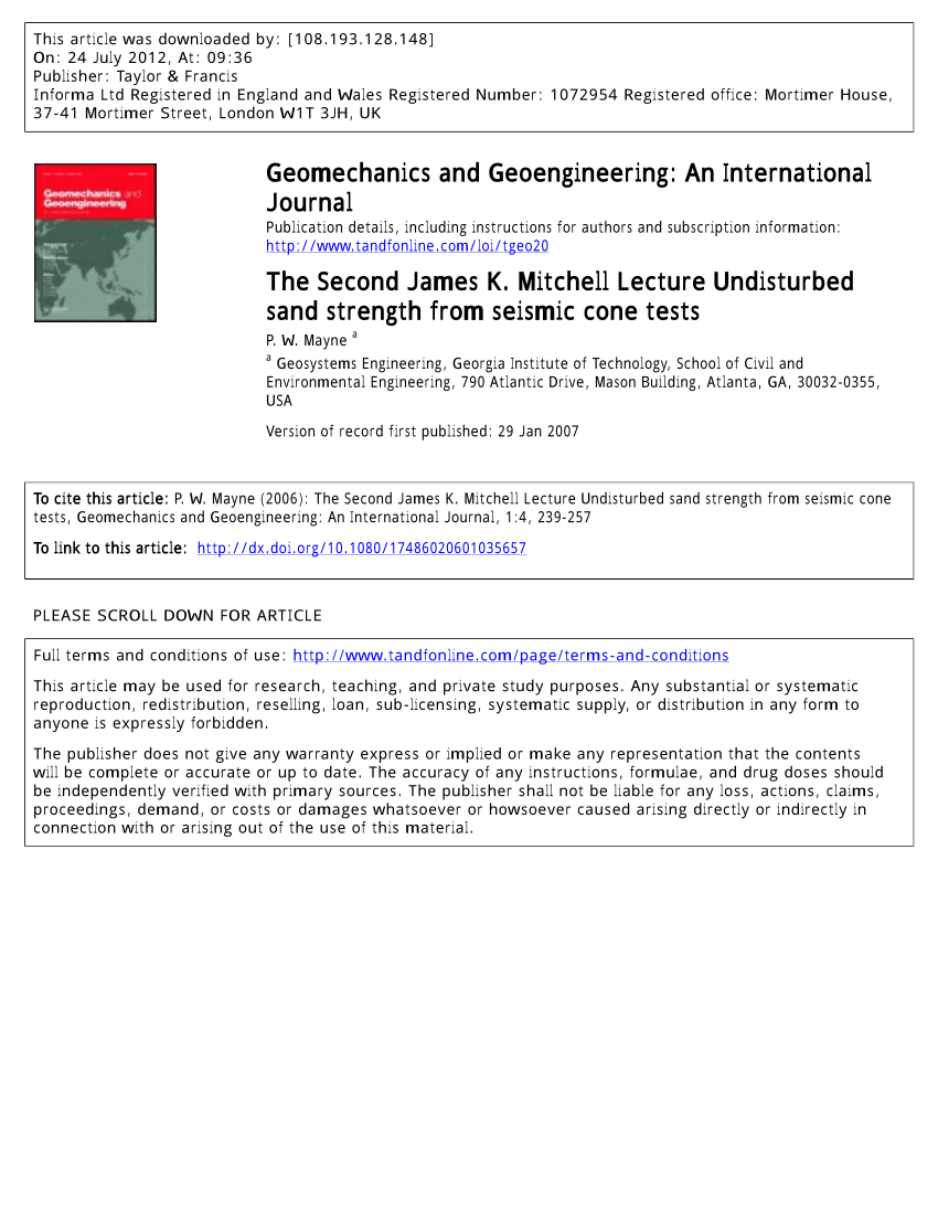 Pdf The Second James K Mitchell Lecture Undisturbed Sand Strength From Seismic Cone Tests