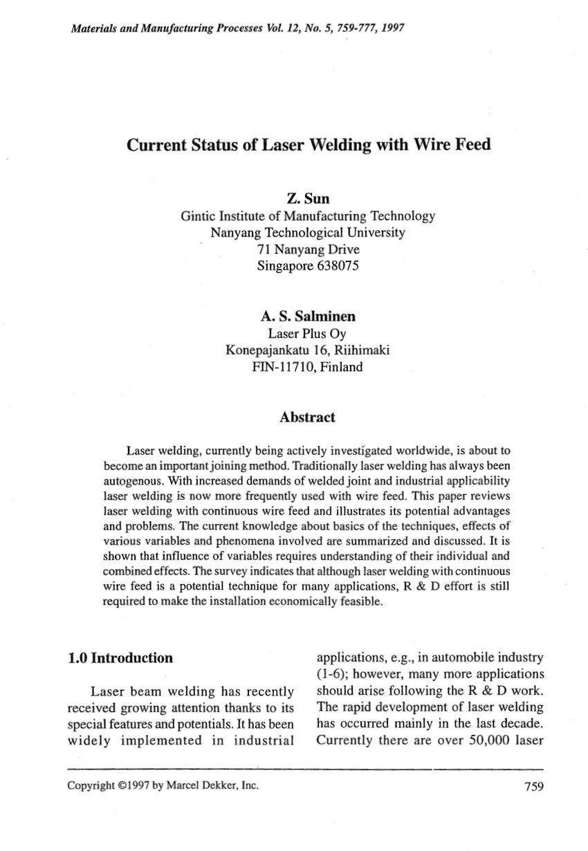 Pdf Current Status Of Laser Welding With Wire Feed