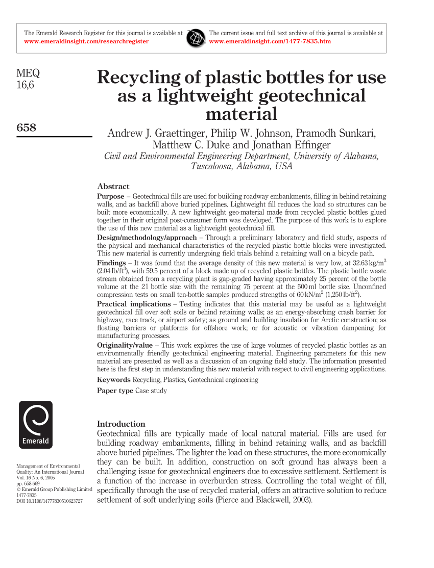 recycling plastic bottles research paper