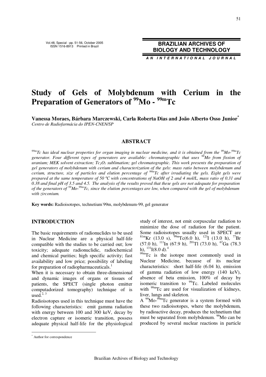 Pdf Study Of Gels Of Molybdenum With Cerium In The Preparation Of Generators Of 99mo 99mtc
