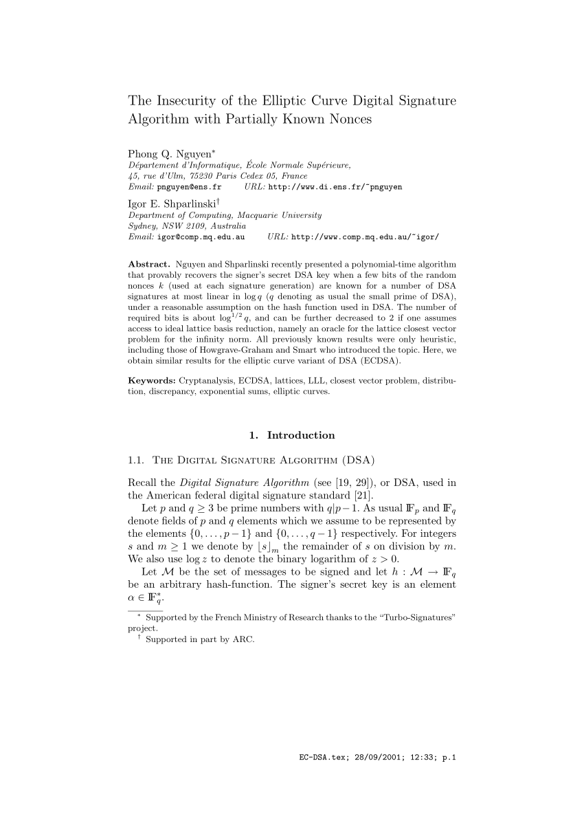 Pdf The Insecurity Of The Elliptic Curve Digital Signature Algorithm With Partially Known Nonces