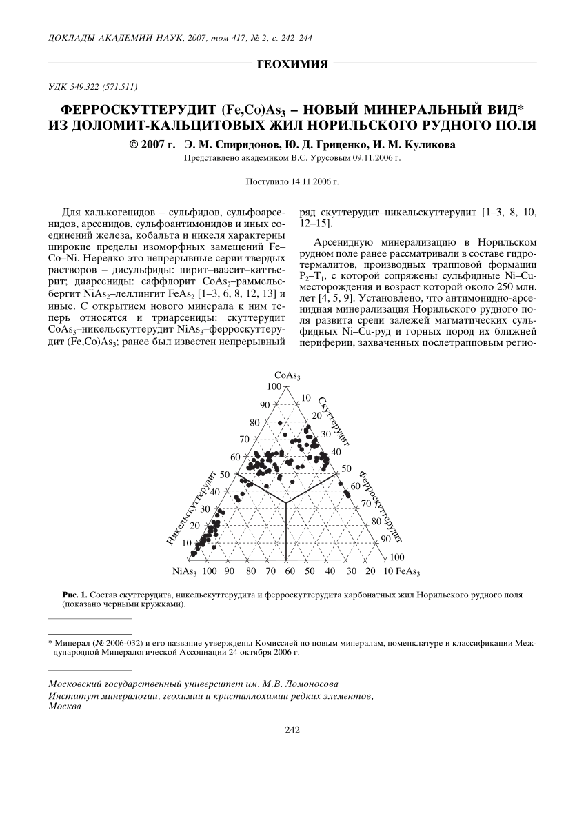 Pdf Ferroskutterudite Fe Co As 3 A New Mineral Species From The Dolomite Calcite Veins Of The Noril Sk Ore Field