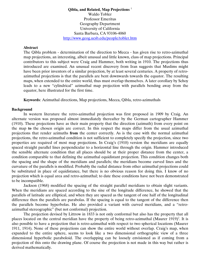 Pdf Qibla And Related Map Projections