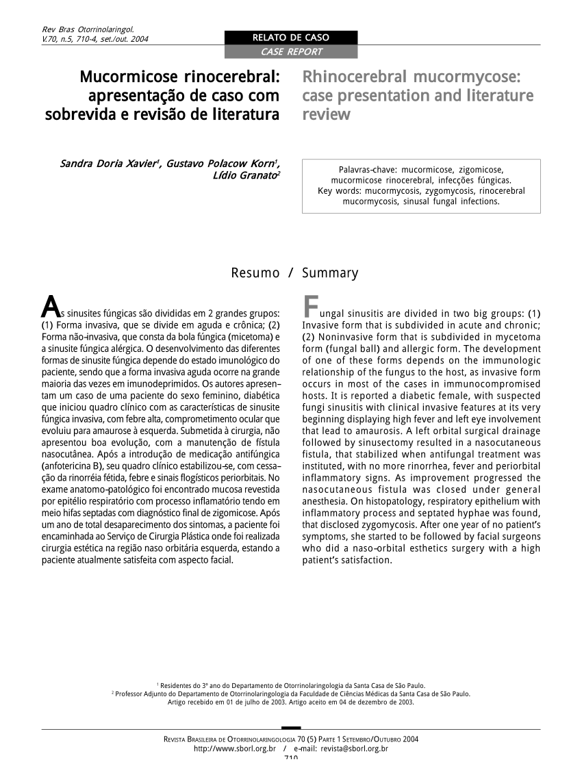 Pdf Mucormicose Rinocerebral Apresentacao De Caso Com Sobrevida E Revisao De Literatura