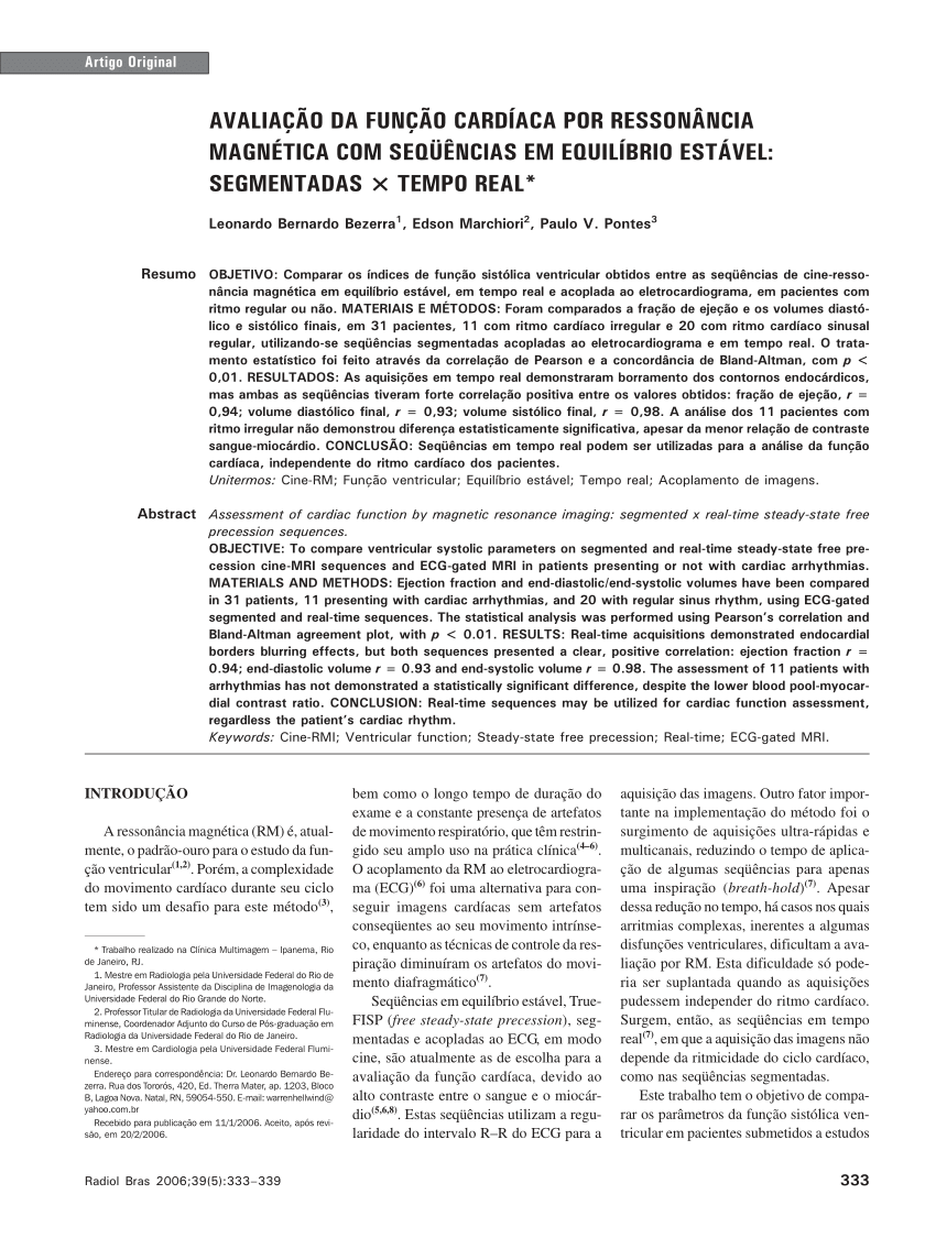 PDF) Avaliação da função cardíaca por ressonância magnética com seqüências  em equilíbrio estável: segmentadas × tempo real