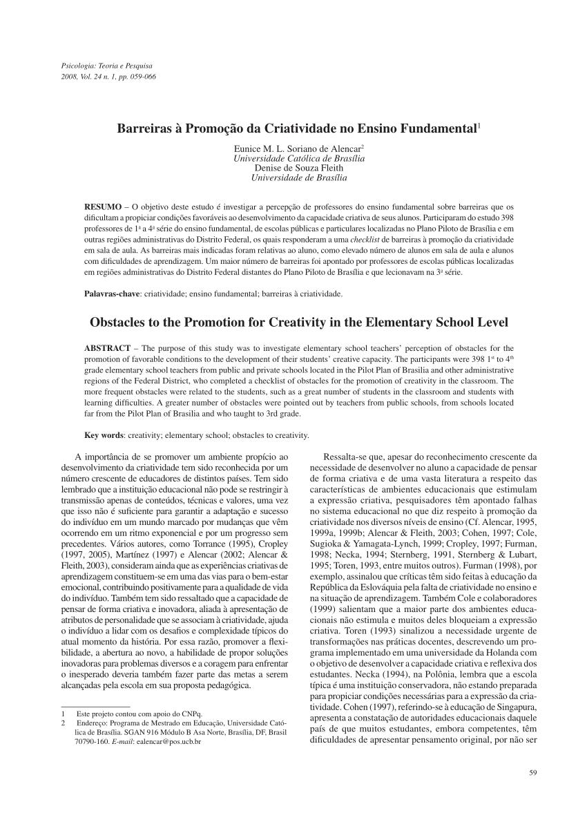 Pdf Barreiras A Promocao Da Criatividade No Ensino Fundamental