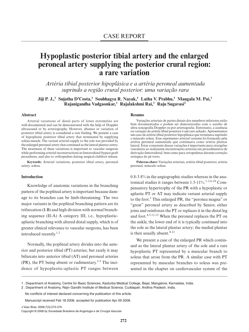 (PDF) Hypoplastic posterior tibial artery and the enlarged peroneal