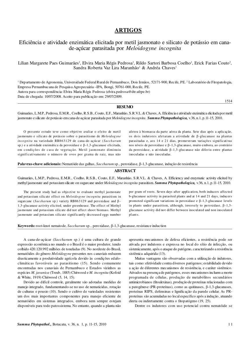 Pdf Eficiencia E Atividade Enzimatica Elicitada Por Metil Jasmonato E Silicato De Potassio Em Cana De Acucar Parasitada Por Meloidogyne Incognita