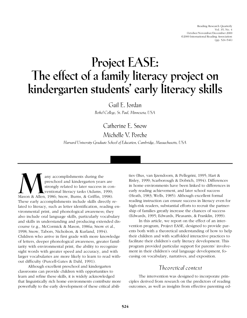 Pdf Project Ease The Effect Of A Family Literacy Project On Kindergarten Students Early Literacy Skills