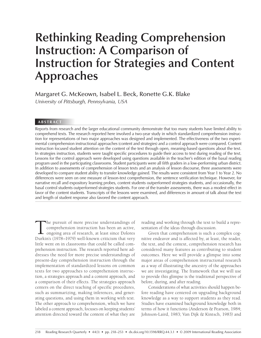 Pdf Rethinking Reading Comprehension Instruction A Comparison Of Instruction For Strategies And Content Approaches