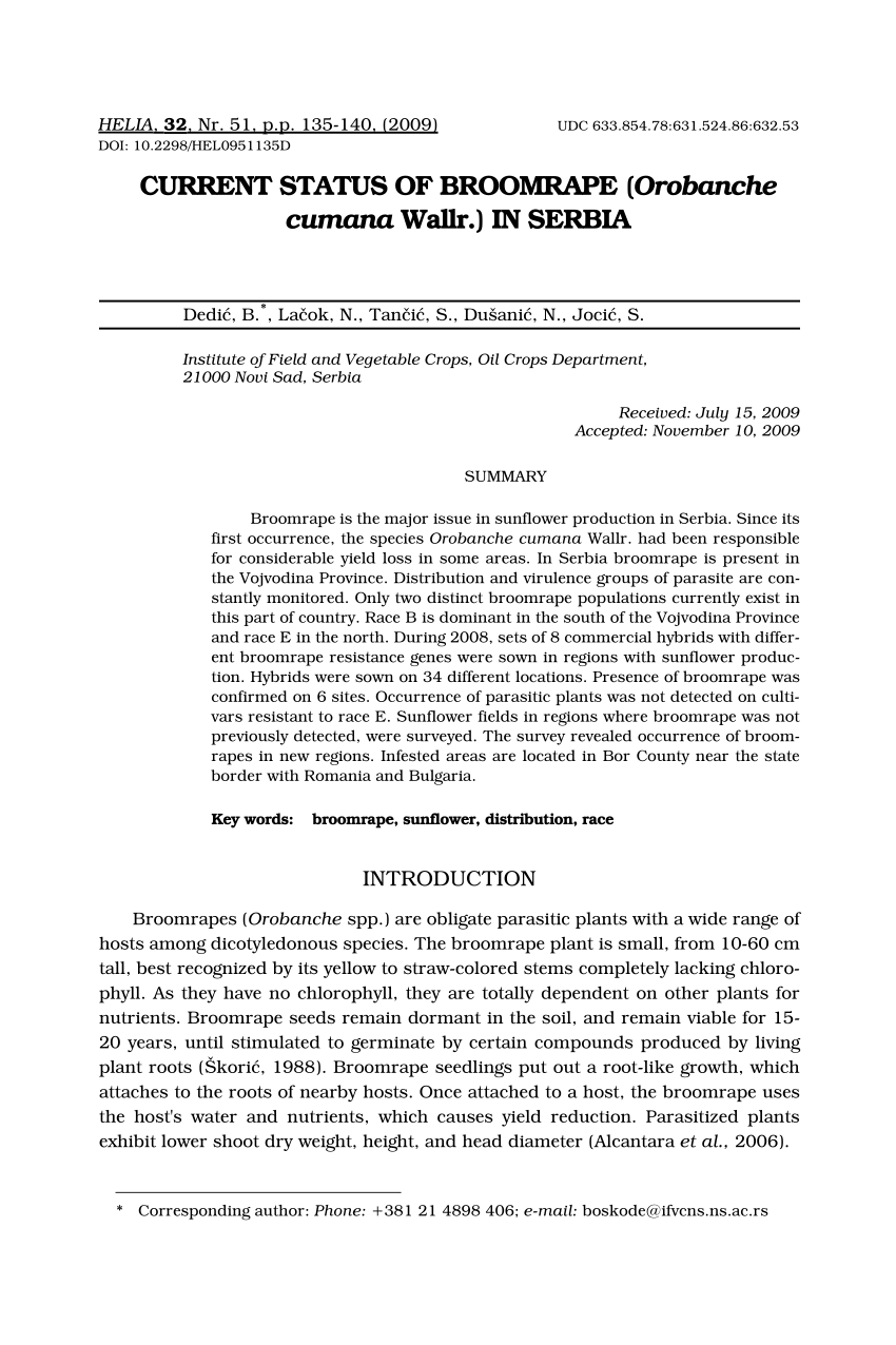 Pdf Current Status Of Broomrape Orobanche Cumana Wallr In Serbia