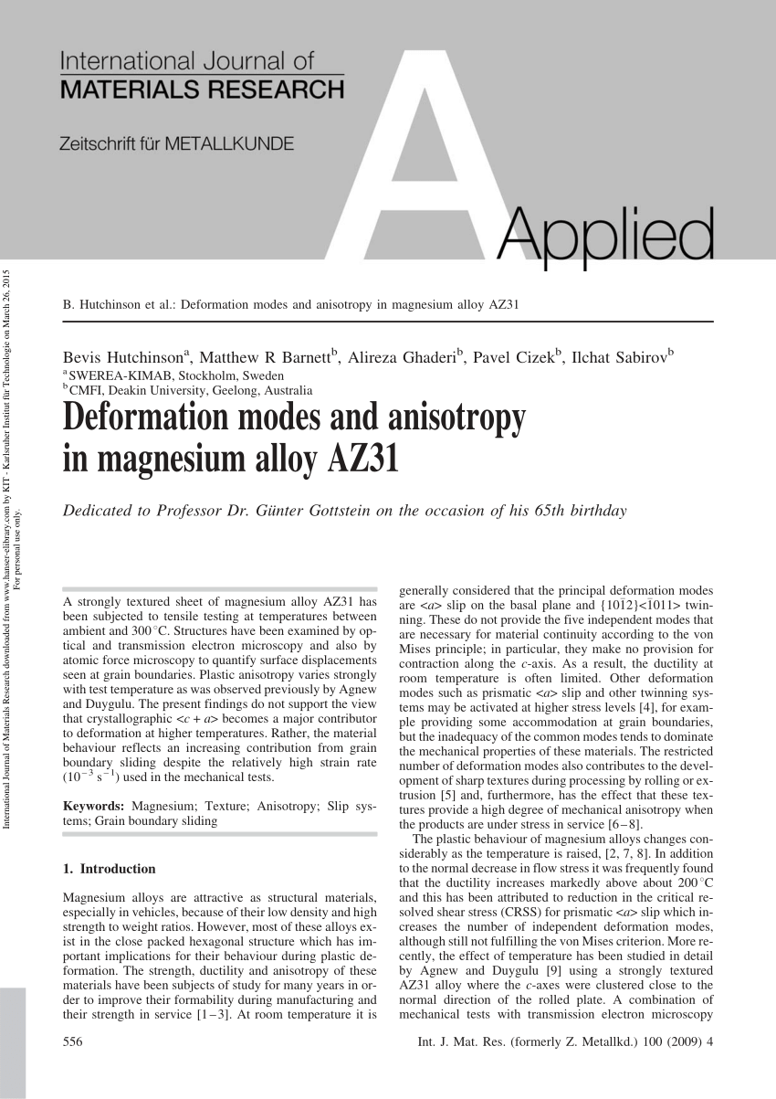 Pdf Deformation Modes And Anisotropy In Magnesium Alloy Az31