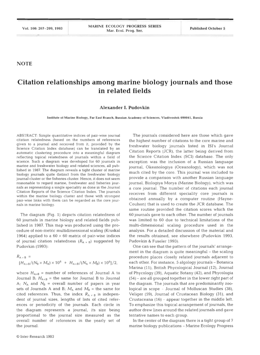 (PDF) Citation relationships among marine biology journals and those in