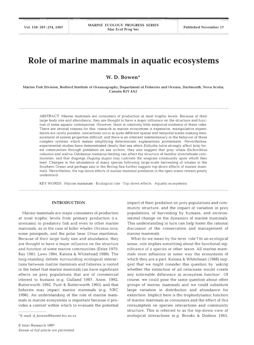 (PDF) Role of marine mammals in aquatic ecosystems