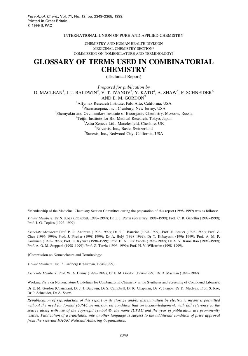 Pdf Glossary Of Terms Used In Combinatorial Chemistry Pure Appl Chem 1999 71 2349 2365