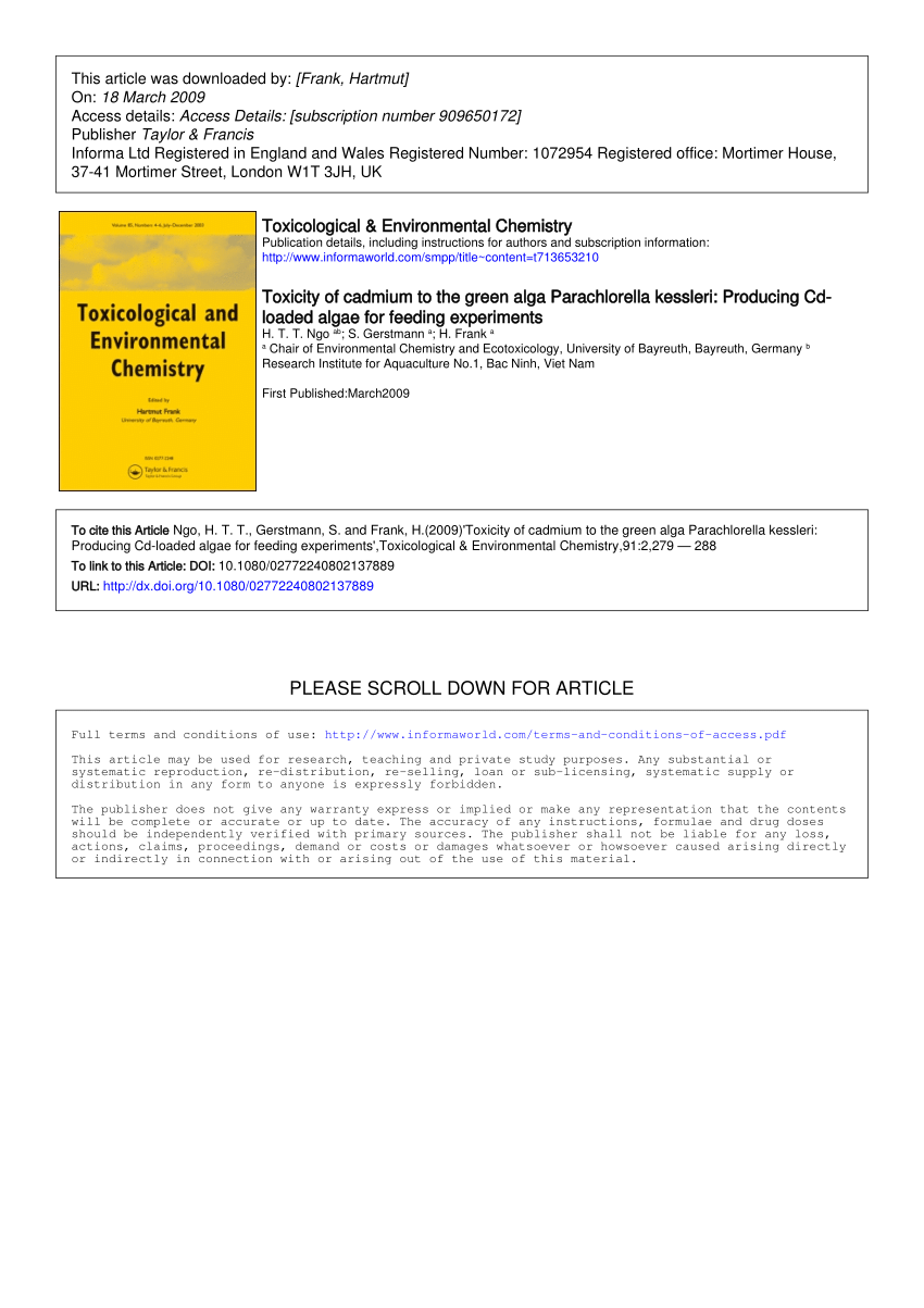 Pdf Toxicity Of Cadmium To The Green Alga Parachlorella